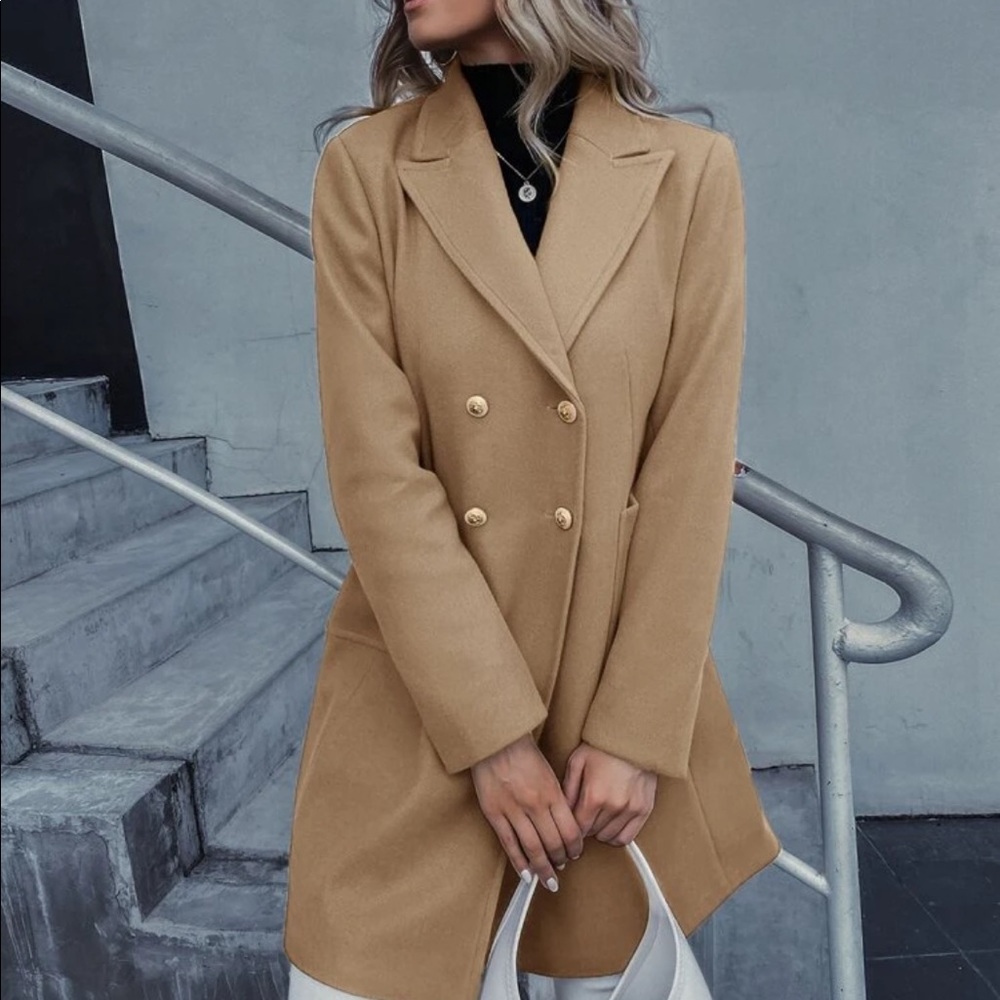 New Camel Brown Double Breasted Trench Coat Pea Coat - Picture 2 of 7